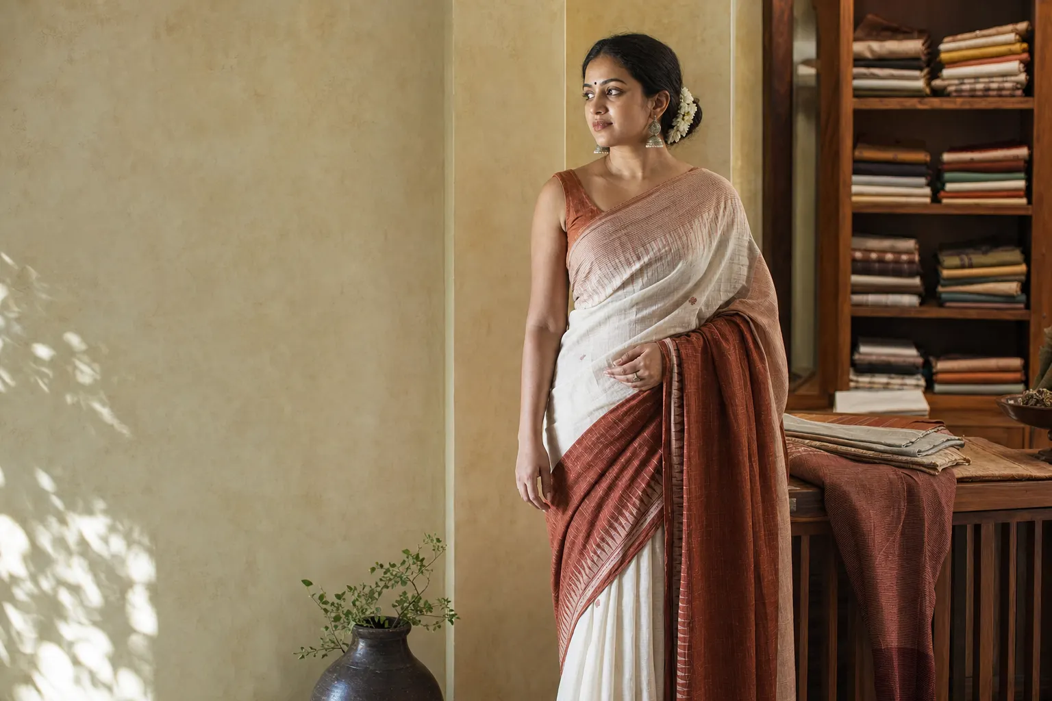 Woman wearing a cream and rust handloom saree in a warm textile studio