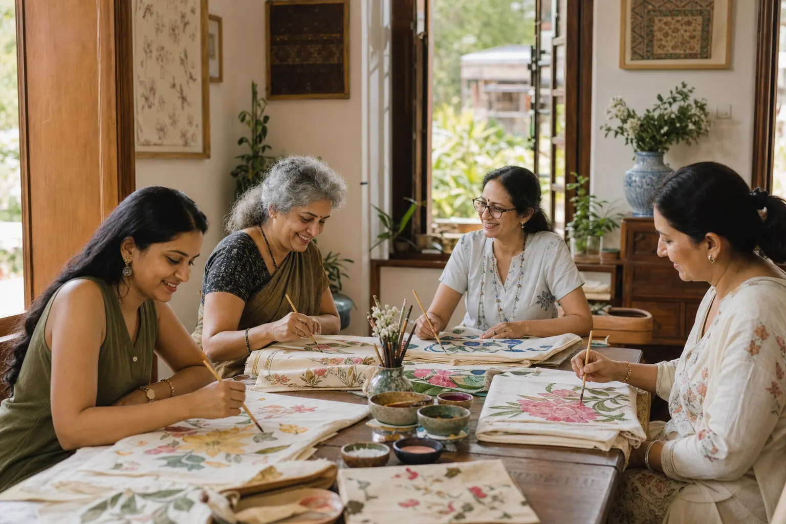 Women enjoying a guided fabric-painting workshop